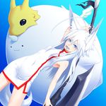  :3 animal_ears antenna_hair aqua_eyes china_dress chinese_clothes creature dress dutch_angle fang highres horn huge_weapon kentairui mitsuha_(kentairui) mouth_hold original solo tail weapon white_hair 