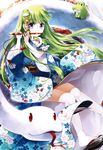  blue_eyes blush_stickers cropped flute frog_hair_ornament green_hair hair_ornament hair_tubes highres holding instrument japanese_clothes kimono kochiya_sanae long_hair looking_at_viewer miyase_mahiro non-web_source scan sitting snake solo tongue touhou 