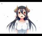  black_hair breasts commentary_request crying crying_with_eyes_open dragon_girl dragon_horns dream_demon hair_between_eyes horned_girl_(dream_demon) horns letterboxed long_hair medium_breasts monster_girl open_mouth original pointy_ears rectangular_mouth red_eyes shirt solo t-shirt tears upper_body white_background 