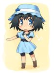  :3 bad_id bad_pixiv_id bike_shorts black_hair blue_eyes blue_hat blush blush_stickers boots chibi dress full_body hat kanno looking_at_viewer shiina_mayuri short_hair simple_background smile solo standing steins;gate yellow_background 