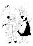  animal_themed_umbrella apron arm_at_side bat_wings boots braid coat earmuffs frilled_apron frills full_body fur_trim gioha greyscale hat hat_ribbon izayoi_sakuya legs_apart long_sleeves looking_at_another maid_headdress mob_cap monochrome multiple_girls neck_ribbon remilia_scarlet ribbon runny_nose scarf simple_background skirt skirt_set smile snow snowing standing touhou twin_braids umbrella waist_apron white_background wing_ornament wings winter winter_clothes 