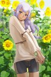  bike_shorts breasts covered_nipples elf elvaan fe final_fantasy final_fantasy_xi flower highres lips looking_at_viewer medium_breasts midriff pointy_ears prishe purple_eyes purple_hair see-through shirt_lift skindentation smile solo standing sunflower 