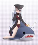  bare_legs barefoot bikini blush eyepatch hat highres hook_hand infinite_stratos inflatable_shark inflatable_toy laura_bodewig long_coat long_hair navel pirate pirate_hat polka_dot polka_dot_background red_eyes riding shark silver_hair solo sunimu swimsuit 