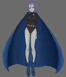  aiemu bare_legs belt boots cape dc_comics expressionless forehead_jewel full_body gem grey_background grey_skin leotard purple_eyes raven_(dc) short_hair solo teen_titans 