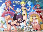  5girls aloe_(pokemon) anklet barefoot between_breasts bikini blue_sky blush bow breast_rest breasts breasts_on_head cattleya_(pokemon) cleavage cloud day duplicate elbow_gloves elite_four food fountain_pen frills fuuro_(pokemon) gen_5_pokemon glasses gloves hair_bow hanging_breasts hat holding_hands hood hoodie innertube jewelry kamitsure_(pokemon) klink large_breasts multiple_girls n_(pokemon) navel nude open_mouth oshawott outdoors palm_tree pen pokemoa pokemon pokemon_(creature) pokemon_(game) pokemon_bw popsicle rimless_eyewear sand sand_sculpture sandals shikimi_(pokemon) sky smile squatting streaking summer sweatdrop swimsuit tree trowel under_clothes 