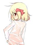  blonde_hair blush from_behind hair_ribbon looking_at_viewer looking_back red_eyes ribbon rumia shamo_(koumakantv) shirt short_hair sketch solo touhou wet wet_clothes white_background white_shirt 