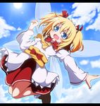  ascot blonde_hair blue_eyes blue_sky blush cloud day do_(4-rt) fairy fairy_wings hair_ribbon lens_flare letterboxed long_sleeves looking_at_viewer maid_headdress obi open_mouth outstretched_arm raised_fist ribbon sash shirt skirt sky solo sun sunny_milk touhou twintails wide_sleeves wings 