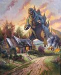  burning claws destruction fire flames flower godzilla godzilla_(series) grass house houses kaiju meanwhile_in_japan parody ron_lemen scenery smoke spines teeth thomas_kinkade toe_claws tree unknown_artist 