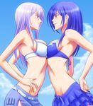  bikini_top blue_eyes blue_hair bonnie_(rsg) breast_contest breast_press breasts cardfight!!_vanguard cloud day earrings eye_contact face-to-face faceoff hands_on_hips jewelry long_hair looking_at_another medium_breasts midriff multiple_girls narumi_asaka outdoors profile purple_eyes purple_hair sky smile symmetrical_docking tokura_misaki 