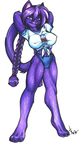  big_breasts blue_clothes blue_clothing breasts clothing feline female fur fyxe_(artist) hair hindpaw looking_at_viewer mammal muscles muscular_female panties paws plain_background ponytail pose purple_eyes purple_fur purple_hair shirt smile smirk solo standing t_shirt underwear white_background white_clothes white_clothing 