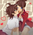  asahina_aoi bad_id bad_pixiv_id banned_artist blue_eyes blush breasts brown_hair cleavage danganronpa danganronpa_1 dark_skin doughnut food green_eyes hair_ornament hairclip heart hood hoodie large_breasts looking_at_viewer looking_back mouth_hold multiple_girls okia owari_akane ponytail school_uniform shared_food short_hair skirt super_danganronpa_2 yuri 