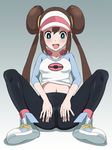  :d anus blue_eyes blush brown_hair double_bun full_body knees_up long_hair looking_down mei_(pokemon) midriff navel open_mouth pantyhose pokemon pokemon_(game) pokemon_bw2 pussy raglan_sleeves rayphenos shoes simple_background skin_tight smile sneakers solo spread_legs spread_pussy_under_clothes visor_cap 