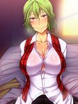  1girl arms_behind_back bed blush breasts button_gap cleavage collarbone crotch_seam dress_shirt green_hair hair_in_mouth highres huge_breasts kazami_yuuka looking_at_viewer messy_hair naughty_face open_clothes open_shirt pantyhose plaid plaid_vest red_eyes shirt short_hair sitting smile solo touhou vest 