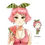  blush_stickers bow chibi earrings food fruit green_eyes green_sarong hair_bow jewelry lips looking_at_viewer meago original pendant personification pink_hair print_sarong sarong short_hair simple_background sketch smile tank_top upper_body watermelon 
