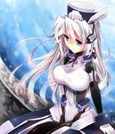  blue_eyes bodysuit breasts hat horizon_ariadust kyoukaisenjou_no_horizon large_breasts long_hair pantyhose ribbon silver_hair sitting solo tsuka_(raikousama) 