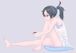  angry bad_id bad_pixiv_id bare_legs barefoot black_hair bra controller dress feet game_controller gamepad glasses grey_eyes hair_ornament hairclip highres original pillow ponytail puffy_cheeks see-through sitting tied_hair underwear video_game 