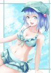  bikini bikini_skirt blue_eyes blue_hair blue_swimsuit breasts canae0 cleavage cloud cloudy_sky day duplicate hair_bobbles hair_ornament hat highres kawashiro_nitori medium_breasts navel open_mouth short_hair sky smile solo swimsuit touhou two_side_up 