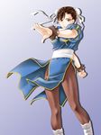  bad_id bad_pixiv_id boots bracelet brown_eyes brown_hair bun_cover china_dress chinese_clothes chun-li double_bun dress highres jewelry pantyhose pelvic_curtain sash solo spiked_bracelet spikes street_fighter tamamon 