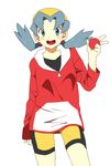  alternate_costume bangs bike_shorts blue_eyes blue_hair blush borrowed_garments cosplay crystal_(pokemon) gold_(pokemon) gold_(pokemon)_(cosplay) hat holding holding_poke_ball jacket open_mouth poke_ball poke_ball_(generic) pokemon pokemon_(game) pokemon_gsc pumpkinpan simple_background smile solo twintails v 