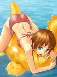  aqua_eyes ass bad_id bad_pixiv_id bikini brown_hair copyright_request inflatable_toy lying on_stomach open_mouth side-tie_bikini solo sumi_(sichirin) swimsuit water 