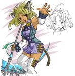  animal_ears animal_tail blonde_hair blue_clothes blue_clothing boots clothed clothing female hair human mammal open_mouth red_eyes scythe short_hair skimpy skirt unconvincing_armor white_clothes white_clothing 