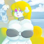  big_breasts bikini blonde_hair breasts canine clothed clothing dog eyeshadow female hair lagomorph lipstick long_hair luigi64 makeup mammal poodle rabbit seaside skimpy swimsuit 