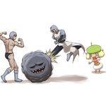  1boy 2girls anger_vein bad_id bad_pixiv_id bel_(pokemon) boots chibi crossover dragon_quest hat kicking monster multiple_girls muscle nikawa_99-do no_legwear pokemon pokemon_(game) pokemon_bw rockbomb team_plasma team_plasma_grunt tears white_background 