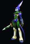  3d armor black_background boots bottomless cat feline female fur gloves green_clothes green_clothing mammal mia plain_background purple_fur shoulder_pads solo standing sword weapon white_fur yellow_eyes 