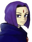  cape dc_comics forehead forehead_jewel looking_at_viewer purple_eyes purple_hair raven_(dc) serious short_hair solo teen_titans tsujii white_background 