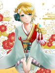  1girl aqua_eyes blonde_hair blush closed_mouth earrings feather_trim fire_emblem fire_emblem_heroes fjorm_(fire_emblem_heroes) flower hair_flower hair_ornament japanese_clothes jewelry kimono kura_(okura_eekura) long_sleeves nintendo obi sash short_hair smile solo wide_sleeves 