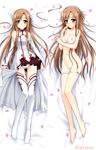  asuna_(sao) barefoot blush bra breasts brown_eyes brown_hair cleavage dakemakura-koubou dakimakura dodojune dress elbow_gloves gloves long_hair long_legs lying medium_breasts multiple_views navel nipples on_back panties panty_pull petals smile strap_slip sword_art_online thighhighs underwear underwear_only very_long_hair white_legwear 