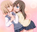  black_hair blue_eyes brown_eyes brown_hair multiple_girls oomuro-ke oomuro_nadeshiko school_uniform shishinon short_hair sweater_vest yaeno_miho yuru_yuri 