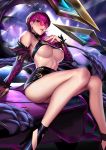  bare_legs bare_shoulders black_choker black_footwear black_skirt breasts choker cian_yo claws crop_top detached_sleeves earrings evelynn feather-trimmed_sleeves feather_trim glasses hair_over_shoulder halter_top halterneck high_heels jewelry k/da_(league_of_legends) k/da_evelynn league_of_legends long_hair medium_breasts microphone midriff nail_polish nipples no_bra parted_lips pince-nez purple_hair purple_nails pussy_juice shirt_lift sitting skirt solo sunglasses yellow_eyes 
