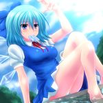  bare_legs barefoot blue_eyes blue_hair breasts cirno food highres hot medium_breasts mouth_hold popsicle short_hair sitting solo sunlight sweat touhou watarui wings 