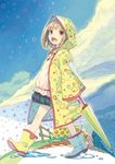  blush boots brown_eyes brown_hair child closed_umbrella cloud flower kimura_daisuke open_mouth original rain raincoat rubber_boots short_hair smile solo umbrella walking 