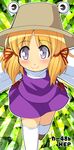  blonde_hair blush brown_hat extra_eyes hat kanno long_sleeves looking_at_viewer moriya_suwako purple_eyes running smile solo tareme thighhighs touhou zettai_ryouiki 