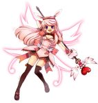  aisha_(elsword) alternate_hair_color alternate_hairstyle animal_ears back_bow bad_id bad_pixiv_id black_legwear boots bow bunny_ears elsword full_body gloves hair_bow holding holding_wand limble long_hair pink_hair purple_eyes skirt smile solo thigh_boots thighhighs wand white_background wings 