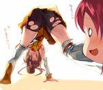  :d angry arm_support ass bent_over bike_shorts blush brown_eyes brown_hair cure_happy cure_sunny d: from_behind hino_akane_(smile_precure!) hoshizora_miyuki kabocha_(monkey4) leg_warmers looking_through_legs multiple_girls o_o open_mouth panties_under_bike_shorts precure purple_shorts red_hair shorts shorts_under_skirt simple_background smile smile_precure! torn_bike_shorts torn_clothes torn_shorts translation_request upside-down wavy_mouth white_background 
