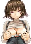  1girl bangs bra braid breasts breasts_outside brown_hair buttons closed_mouth crown_braid flashing hands_on_own_chest hands_up head_tilt highres lifted_by_self lips long_sleeves looking_at_viewer medium_breasts nemu_(nebusokugimi) niijima_makoto persona persona_5 red_eyes shirt shirt_lift short_hair simple_background skindentation smile solo turtleneck underwear upper_body white_background white_bra white_shirt 
