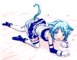  :o all_fours alternate_costume animal_ears arm_support bare_shoulders bed bed_sheet blue_eyes blue_hair blue_skirt blush cat_ears elbow_gloves frills gloves heart kemonomimi_mode looking_at_viewer mahou_shoujo_madoka_magica miki_sayaka open_mouth panties shoes short_hair skirt striped striped_panties tail thighhighs underwear white_gloves yokoshima_(euphoria) zettai_ryouiki 