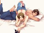  ahoge axis_powers_hetalia barefoot brown_eyes brown_hair denim jeans joy88 lying_on_person male_focus multiple_boys northern_italy_(hetalia) on_bed one_eye_closed pants shirtless smile spain_(hetalia) tan 