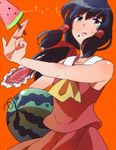  :q ascot bare_shoulders black_hair food fruit gioha hair_tubes hakurei_reimu long_hair orange_background ponytail popsicle red_eyes seed simple_background solo sweatdrop tongue tongue_out touhou watermelon watermelon_bar 