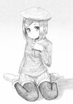  bad_id bad_pixiv_id beret copyright_request greyscale hat highres looking_at_viewer monochrome paintbrush sitting skirt solo thighhighs toorunosuke wariza zettai_ryouiki 