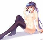  bad_id bad_pixiv_id bandaid bandaids_on_nipples black_hair black_legwear breasts hair_ribbon highres holding long_hair nana_mikoto nude open_mouth original pasties ribbon small_breasts solo thighhighs twintails 