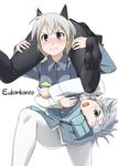  3: black_legwear blush carrying eila_ilmatar_juutilainen feet finnish green_eyes long_hair military military_uniform multiple_girls open_mouth pantyhose purple_eyes sanya_v_litvyak short_hair shoulder_carry silver_hair strike_witches sweat translated uniform v-shaped_eyebrows white_legwear world_witches_series youkan 