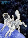  ambiguous_gender astronaut black_fur earth foxtaur fur kacey nimbus rocket smile solo space space_suit spacesuit taur yellow_eyes 