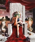  akira bad_id bad_pixiv_id blue_eyes green_hair hat leg_up legs looking_at_viewer shiki_eiki short_hair sitting skirt skull solo throne touhou urabe_michiru 