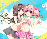  akemi_homura bikini black_hair blush hairband holding kaname_madoka long_hair mahou_shoujo_madoka_magica multiple_girls open_mouth pink_eyes pink_hair purple_eyes shaved_ice shiroi_hakuto striped striped_bikini striped_swimsuit swimsuit twintails 