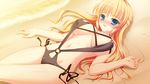  beach bikini blonde_hair blue_eyes blush breasts game_cg half_updo highres kazamatsuri_koromo large_breasts long_hair lying manatsu_no_yoru_no_yuki_monogatari mikeou sand slingshot_swimsuit swimsuit 