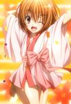  ;d arm_behind_head arms_up barefoot brown_eyes brown_hair flower hair_ornament highres japanese_clothes kimono nene_(oda_nobuna_no_yabou) oda_nobuna_no_yabou one_eye_closed open_mouth screencap short_hair smile solo stitched third-party_edit yukata 